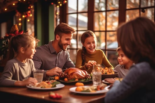 Happy family celebrating Thanksgiving, dining together at home. Harmony, peaceful evening spent with kids. Mother, father, children sit at table indoor. Enjoying conversation during dinner concept