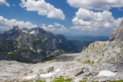 Panorama of massive Alpine mountains. Landscape in the Austrian Alps of the Dachstein region (Styria in Austria) - view from Dachstein