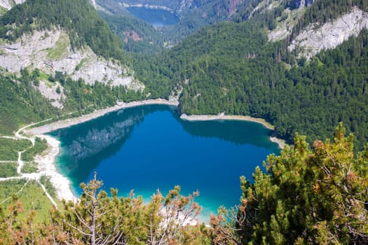 Panoramic aerial view of Gosau Lake in the Austrian Alps of the Dachstein region (Styria in Austria)