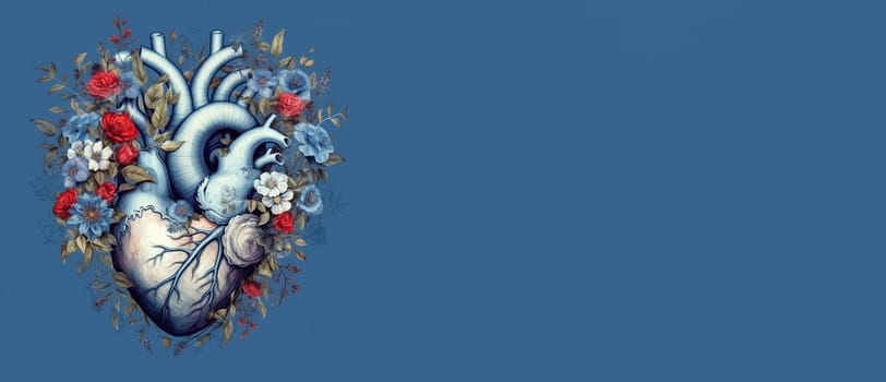 Human heart with flowers, love and emotion concept, good hearted person, help and charity, generative AI