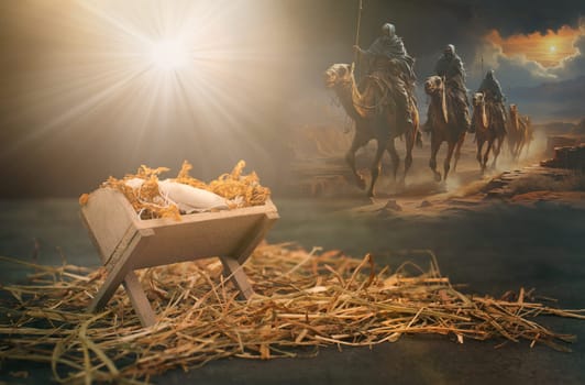 Birth of Jesus Christ in Bethlehem, star shinning on the manger, three kings riding on camels, desert night, religion and faith of christianity, bibical story of Christmas, kings made with AI