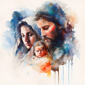 Mary and Joseph holding baby Jeusus Christ in the arms, religion and faith of christianity, bibical story of Christmas, generative AI
