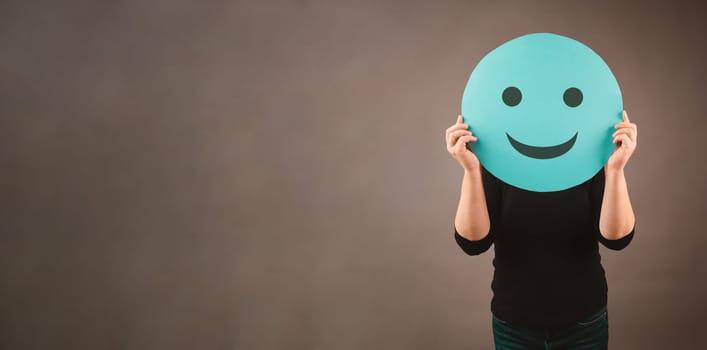 Head with a happy smiling face, mental health concept, positive thinking mind, support and evaluation