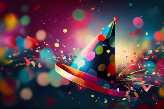 Party hat with falling confetti and bokeh light, greeting card for birthday, new year and carnival, festive event, generative AI