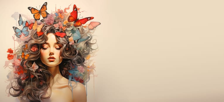 Woman brain with flowers and birds, self esteem and mental health care concept, positive thinking, creative mind, generative AI