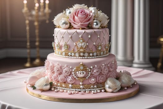 Wedding cake decorated with pink roses and gold crown on the table. ai generative
