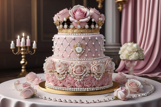 Wedding cake decorated with pink roses and gold crown on the table. ai generative
