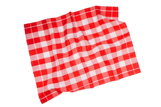Closeup of a red and white checkered napkin or tablecloth texture isolated on white background. Clipping path. Kitchen accessories.