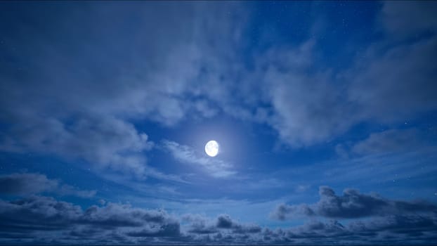 Full moon night and starry blue sky with moving clouds. The moon on cloudy sky. Christmas night background. Beautiful cloudscape