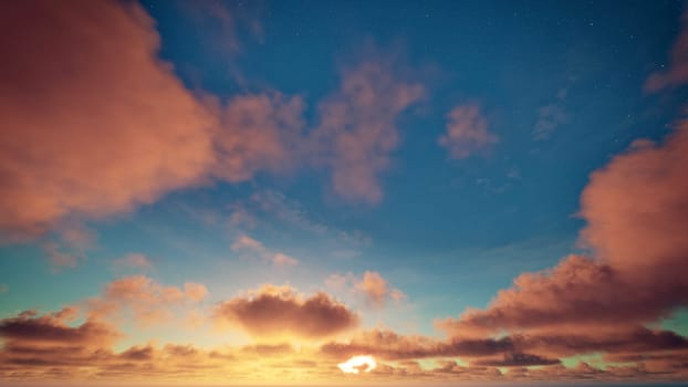 Golden clouds on the blue starry sky and sun in the morning. Cloudy sky. Beautiful cloudscape