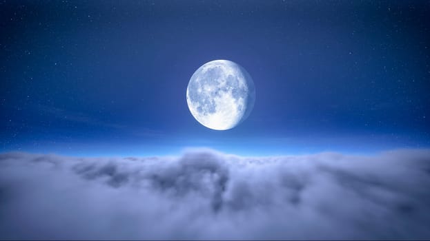 moon on the blue starry sky with clouds moving at night. Christmas night background. Cloudy sky. Beautiful cloudscape