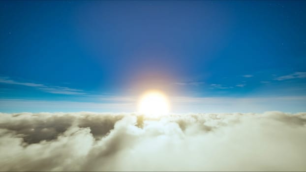 sun on the blue sky above moving clouds. Evening with cloudy sky. Beautiful cloudscape and sunset
