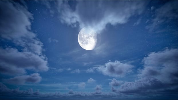 moon on the blue starry sky with clouds moving at night. Christmas night background. Cloudy sky. Beautiful cloudscape