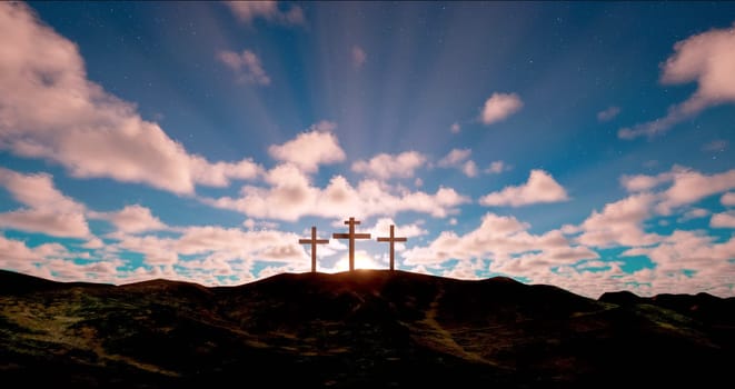 Three crosses on the hill with clouds moving on blue starry sky. Easter, resurrection, new life, redemption concept.