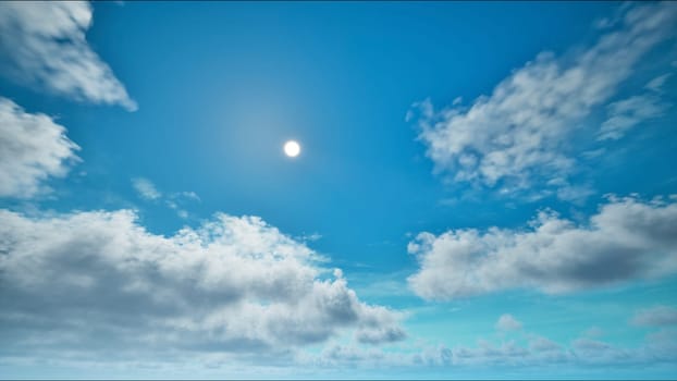 Sun on the blue sky with moving clouds. Day with cloudy sky. Beautiful cloudscape