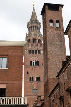 the Medieval Bell Tower of Cremona known as the Torrazzo, Lombardy, Italy.