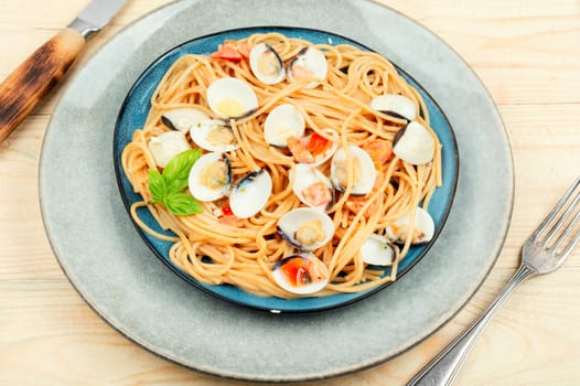 Seafood pasta with clams vongole and spaghetti