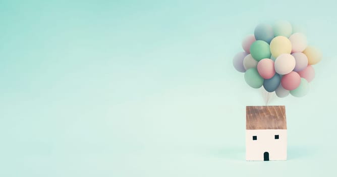 House with colorful balloons, dream of new home, bank mortgage and insurance, real estate, balloon made with generative AI