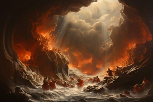Exodus of the bible, Moses crossing the Red Sea with the Israelites, escape from the Egyptians, generative AI