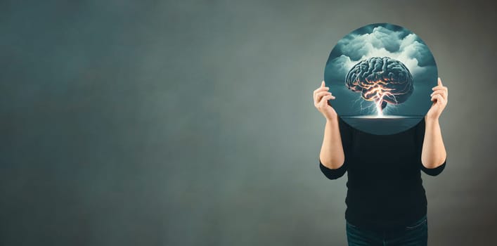 Human brain with lightning, psychological pressure and stress, migrane attack, burn out or trauma, generative AI used for mind