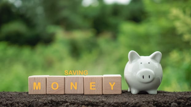White piggy bank on nature background. Concept of savings and investment.