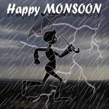 Happy Monsoon greeting card with a boy playing with an umbrella in the rain - Vector Illustration