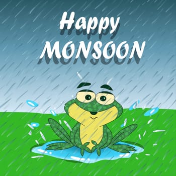 A cute little frog in the rain - Vector Illustration