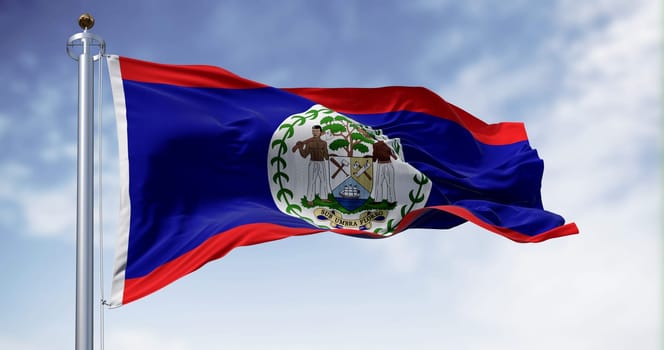 Belize national flag waving in the wind on a clear day. Blue field, red stripes top and bottom, white disk with National Coat of Arms. 3d illustration render. Fluttering fabric