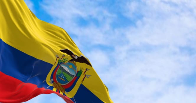 Ecuador national flag waving in the wind on a clear day. The Republic of Ecuador is a presidential republic of South America. 3d illustration render. Fluttering fabric