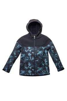 Winter jacket for children. Close-up of children's black warm jacket with hood isolated on white background. Winter fashion. Clipping path. Military style.