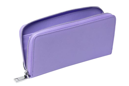 Fashionable pink violet womens wallet or purse isolated on a white background. Female trendy accessories. Woman's hand bag. Macro.