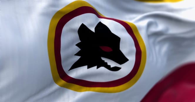 Rome, Italy, July 30 2023: AS Roma Lupetto flag waving. AS Roma is a professional football club based in Rome. Illustrative editorial 3d illustration render. Fabric textured background
