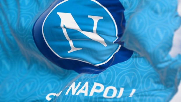 Naples, IT, March 2023: Close-up of Napoli football flag waving in the wind. Illustrative editorial 3d illustration render. Selective focus. Fluttering textile
