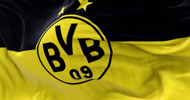 Dortmund, DE, aug 2 2023: Close-up of Borussia Dortmund flag waving. German professional sports club based in Dortmund. Illustrative editorial 3d illustration render. Waving fabric background