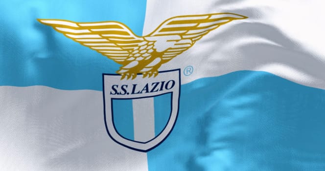 Rome, Italy, Aug. 2 2023: Close-up of SS Lazio flag waving. Professional football club based in Rome. Illustrative editorial 3d illustration render. Rippled fabric background
