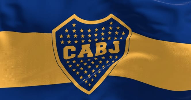 Buenos Aires, AR, June 15 2023: Close-up of Boca Juniors flag waving in the wind. Argentine sports club based in Buenos Aires. Illustrative editorial 3D illustration render. Textured background