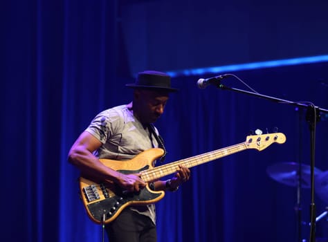 Cracow, Poland - July 17, 2023: Marcus Miller European Tour 2023 on stage in Congress Centre ICE Cracow at the 28th Summer Jazz Festival in Krakow.