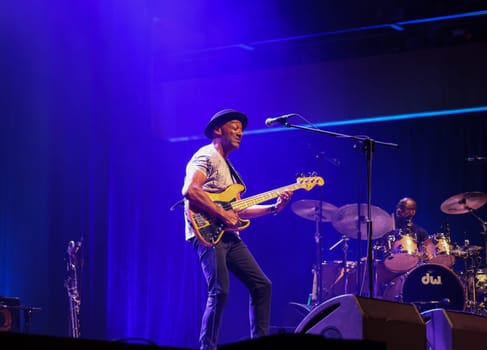 Cracow, Poland - July 17, 2023: Marcus Miller European Tour 2023 on stage in Congress Centre ICE Cracow at the 28th Summer Jazz Festival in Krakow.