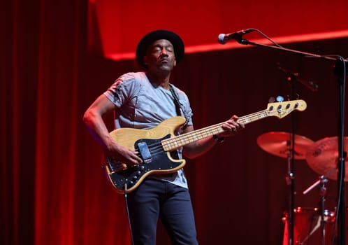 Cracow, Poland - July 17, 2023: Marcus Miller European Tour 2023 on stage in Congress Centre ICE Cracow at the 28th Summer Jazz Festival in Krakow.