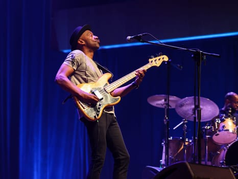 Cracow, Poland - July 17, 2023: Marcus Miller European Tour 2023 on stage in Congress Centre ICE Cracow at the 28th Summer Jazz Festival in Krakow.