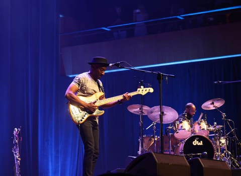 Cracow, Poland - July 17, 2023: Marcus Miller European Tour 2023 on stage in Congress Centre ICE Cracow at the 28th Summer Jazz Festival in Krakow.