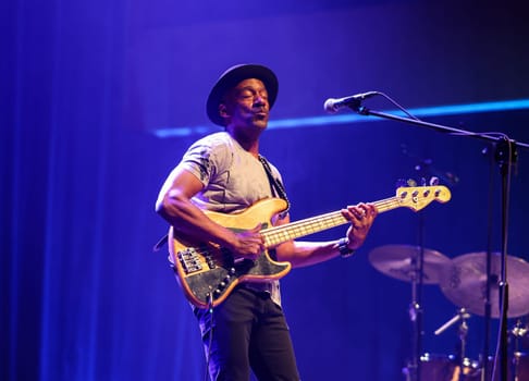 Cracow, Poland - July 17, 2023: Marcus Miller European Tour 2023 on stage in Congress Centre ICE Cracow at the 28th Summer Jazz Festival in Krakow.