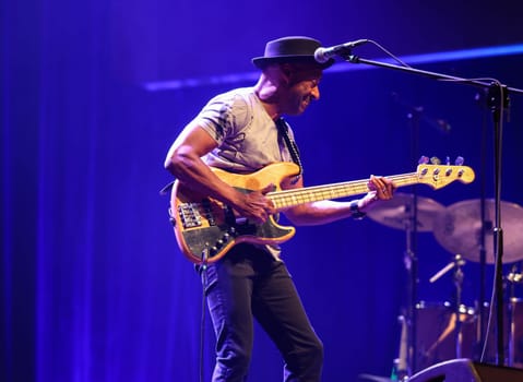 Cracow, Poland - July 17, 2023: Marcus Miller European Tour 2023 on stage in Congress Centre ICE Cracow at the 28th Summer Jazz Festival in Krakow.