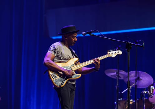 Cracow, Poland - July 17, 2023: Marcus Miller European Tour 2023 on stage in Congress Centre ICE Cracow at the 28th Summer Jazz Festival in Krakow.