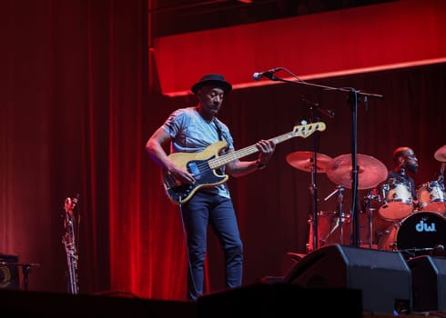 Cracow, Poland - July 17, 2023: Marcus Miller European Tour 2023 on stage in Congress Centre ICE Cracow at the 28th Summer Jazz Festival in Krakow.