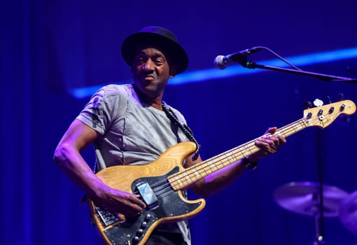 Cracow, Poland - July 17, 2023: Marcus Miller European Tour 2023 on stage in Congress Centre ICE Cracow at the 28th Summer Jazz Festival in Krakow.