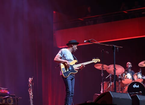 Cracow, Poland - July 17, 2023: Marcus Miller European Tour 2023 on stage in Congress Centre ICE Cracow at the 28th Summer Jazz Festival in Krakow.