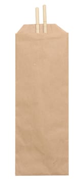 Wooden chopsticks in a paper bag on a white isolated background