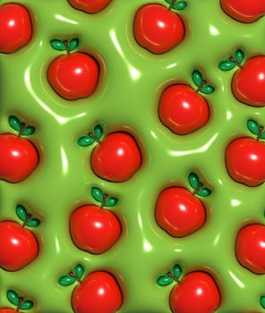 Red apples with green leaves on a green background, 3D rendering illustration
