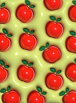 Red apples with green leaves on a green background, 3D rendering illustration